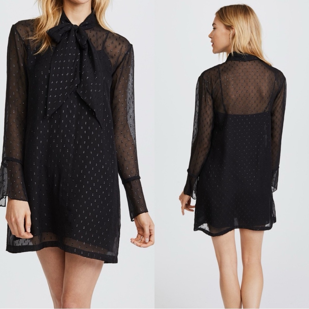 Theory Black Silk Chiffon Scarf Neck Mini Dress Sheer Sparkle Size 0